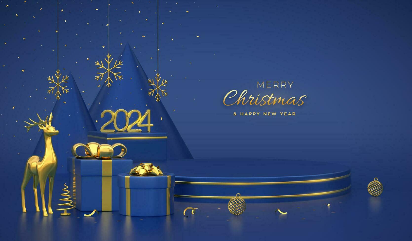 Christmas Scene and 3D round platforms on blue background. 3D Golden numbers 2024. Blank Pedestal with deer, shining snowflakes, balls, gift boxes, gold metallic cone shape pine, spruce trees. Vector. vector