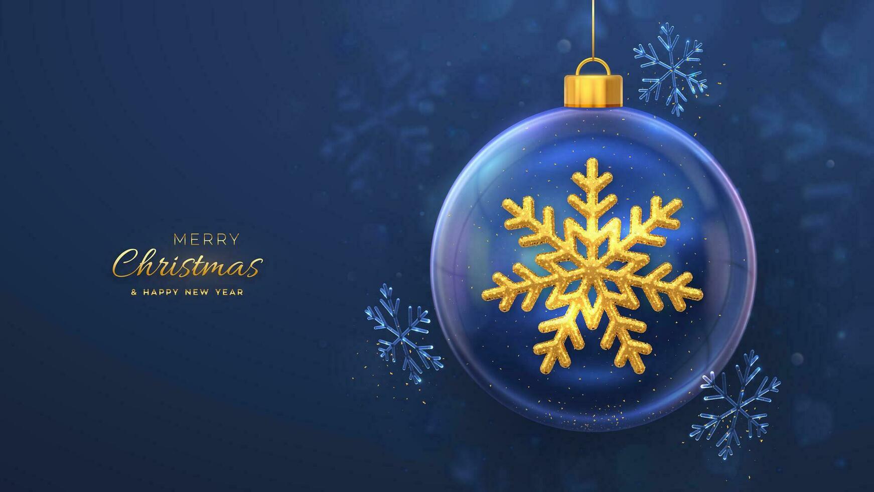 Navidad saludo tarjeta. dorado brillante 3d copo de nieve en un transparente vaso pelota en azul antecedentes. alegre Navidad y contento nuevo año Navidad fiesta póster, bandera, volantes. vector ilustración.