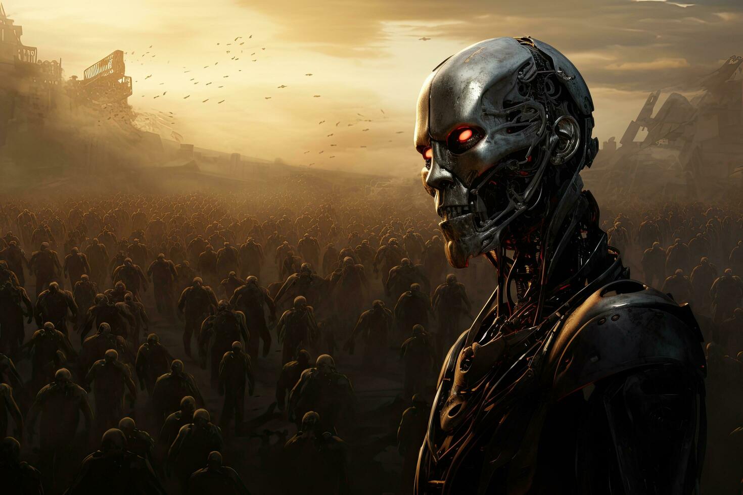 Fantasy scene with a robot against the backdrop of the city, Humanity's Last Stand, A masked human leader defiantly leads the final resistance against overwhelming AI robots, AI Generated photo