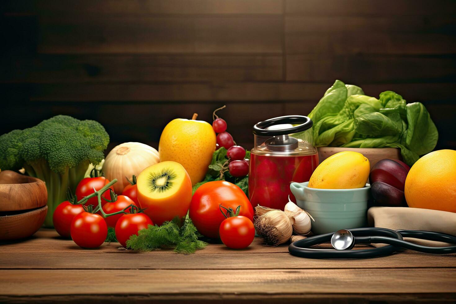 Healthy food background with stethoscope, fruits and vegetables, Healthy food with stethoscope and fruits and vegetables on wooden table, AI Generated photo