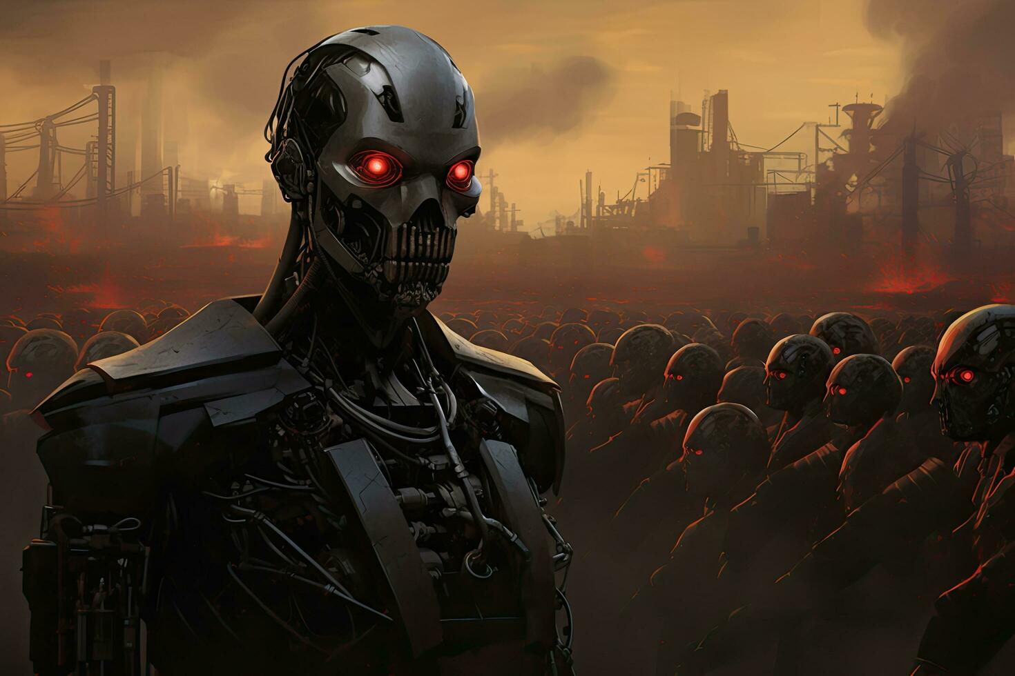 Cyborg in front of factory. 3D illustration. Fantasy, Humanity's Last Stand A masked human leader defiantly leads the final resistance against overwhelming AI robots, AI Generated photo
