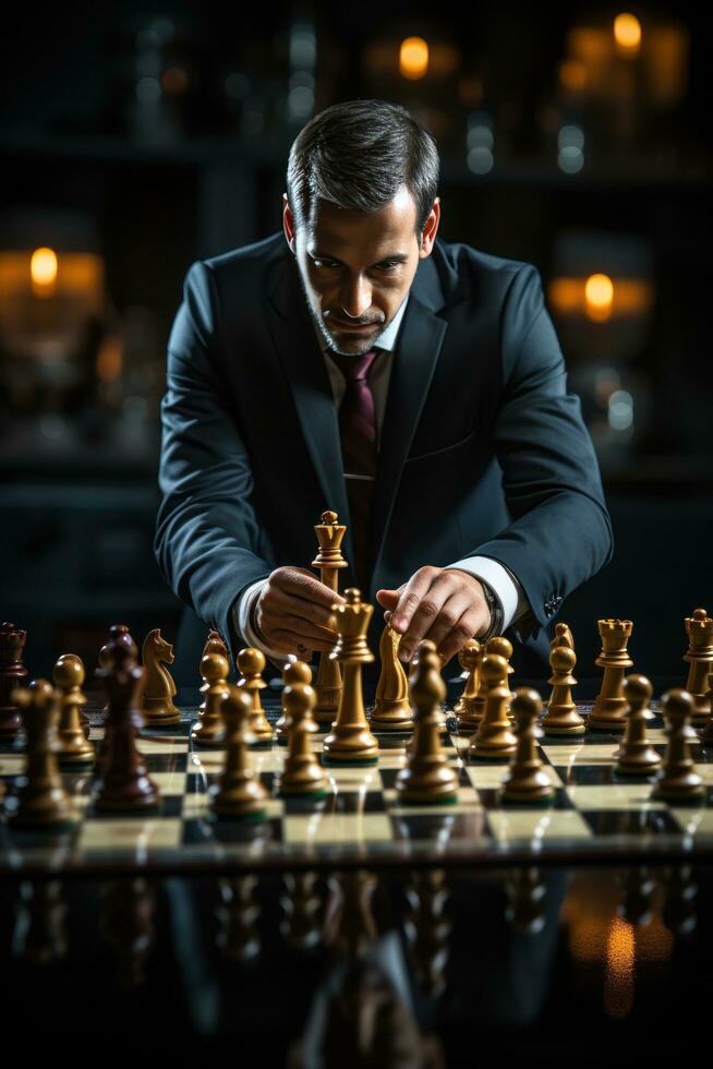 A photograph featuring a businessman strategically moving a chess piece on a board game photo