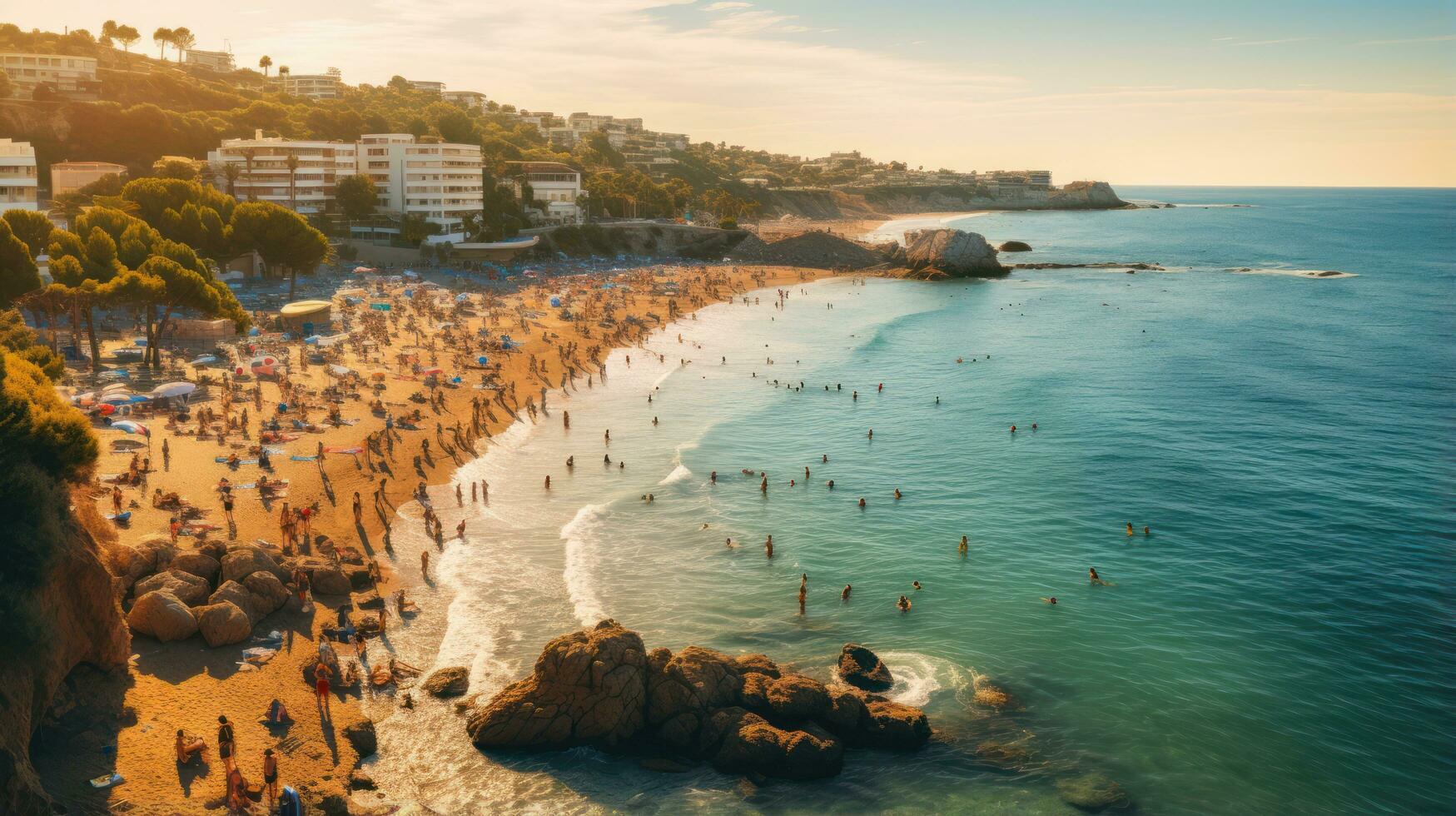 Aerial shot of a crowded beach with swimmers enjoying the waves photo