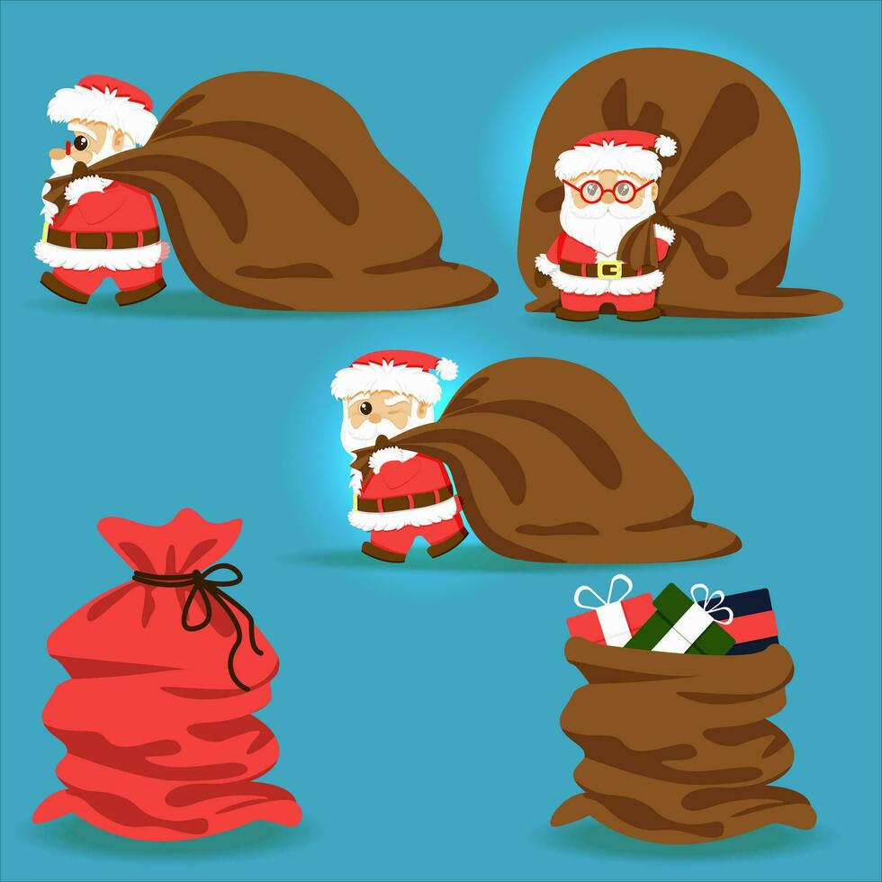 Santa Claus Collection. Plump Santa with gift bag. Funny Christmas character delivering gift and celebrating holidays, Merry Christmas and Happy New Year concept cartoon vector illustration