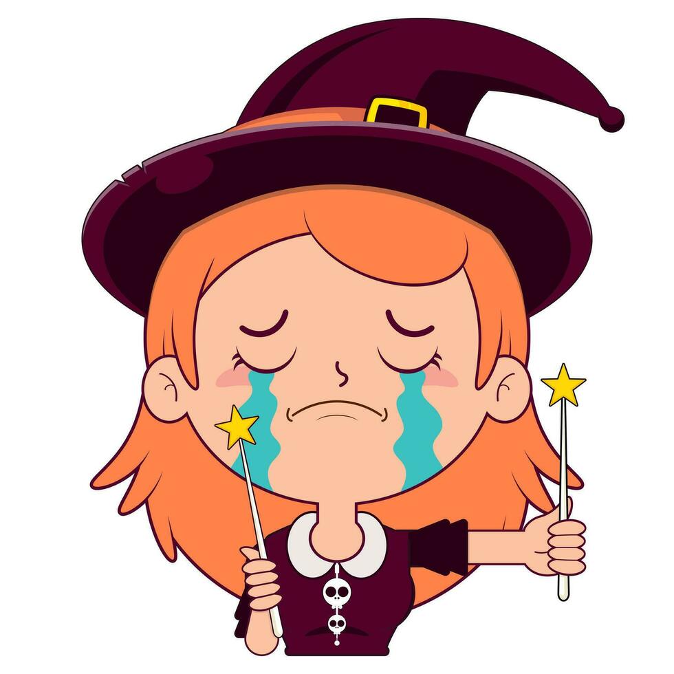 bruja participación magia varita mágica llorando y asustado cara dibujos animados linda vector