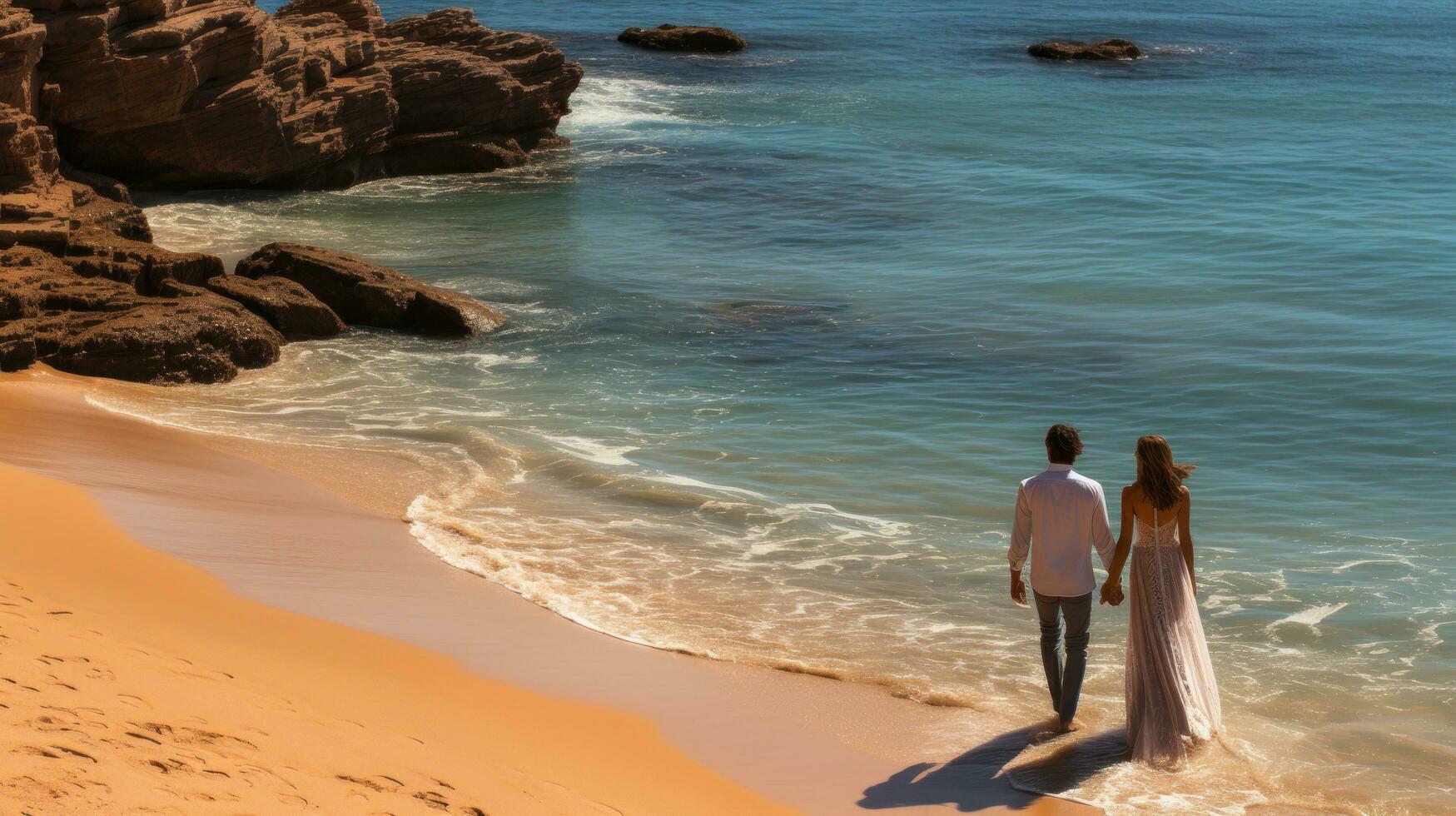 asombroso aéreo ver de el Pareja participación manos en un playa foto