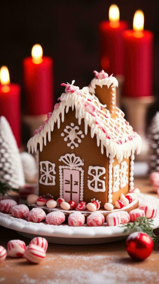 Festive gingerbread house with candy canes and icing decorations