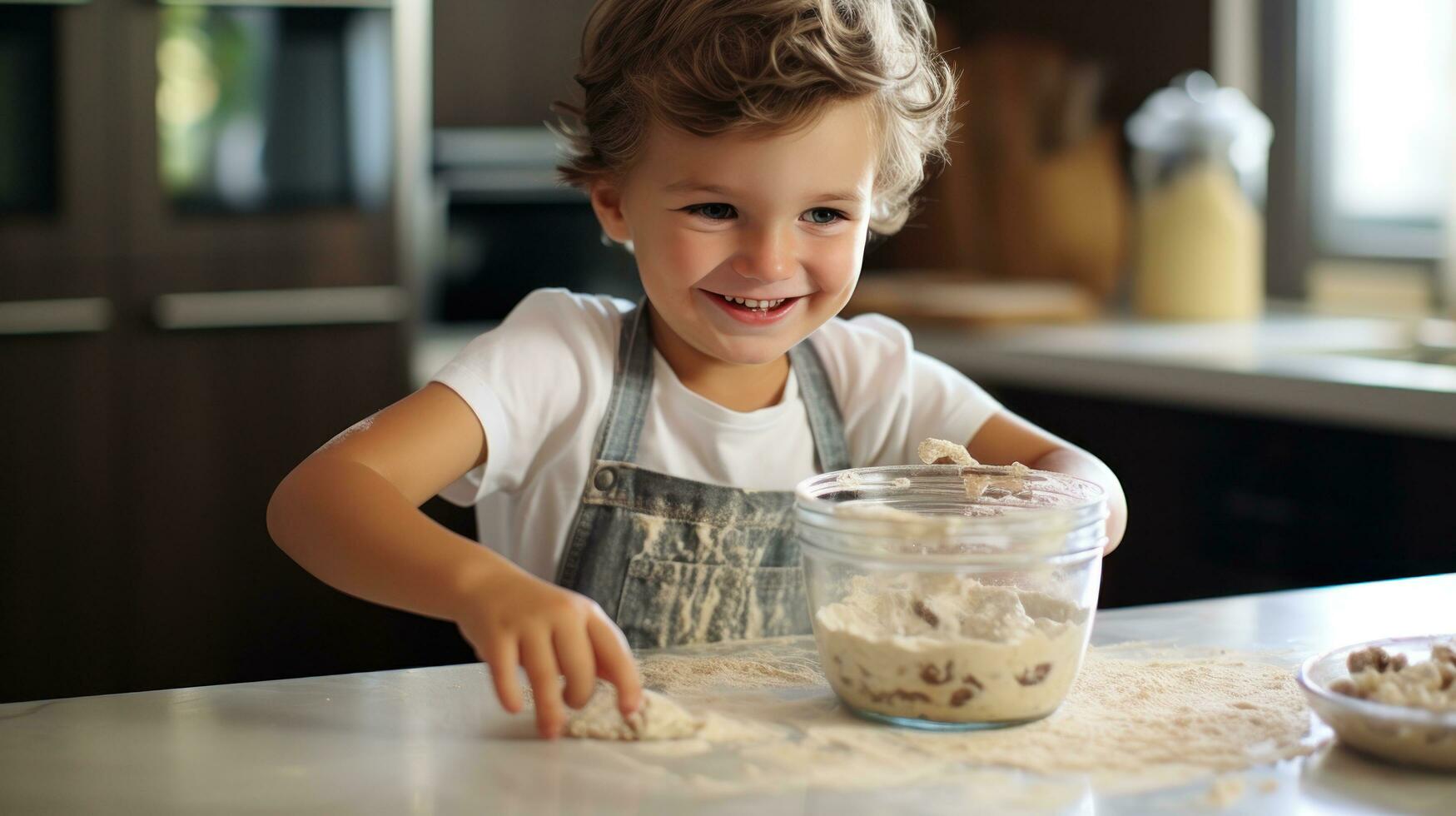 adorable niño emocionante Galleta masa con un de madera cuchara foto