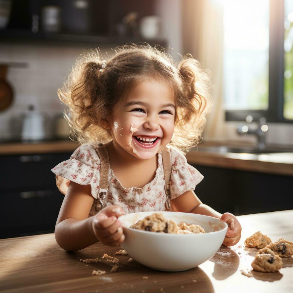 adorable niño emocionante Galleta masa con un de madera cuchara foto