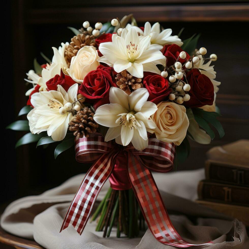 Festive bouquet of red and white flowers with a plaid ribbon photo