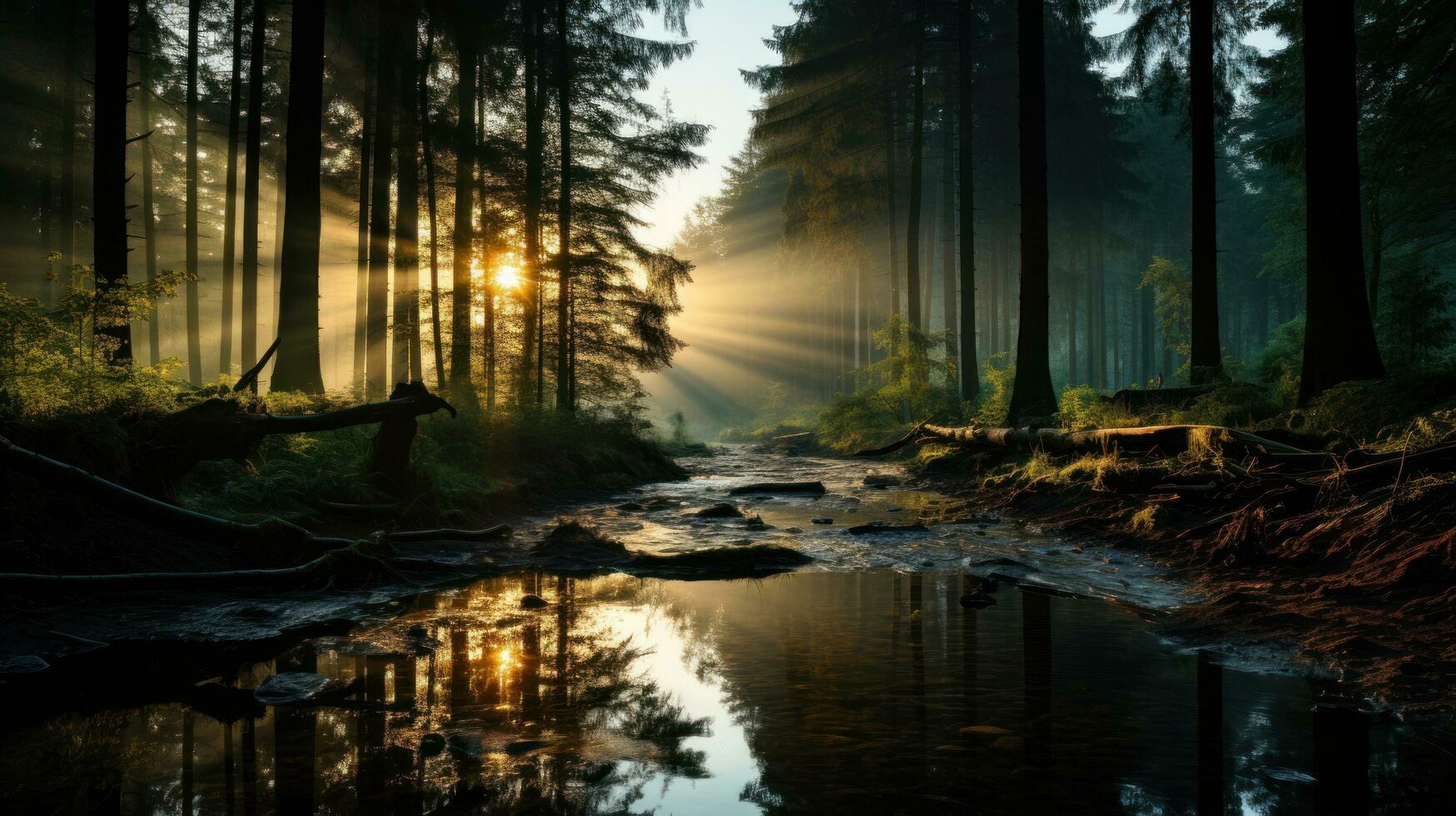 Moody forest landscape with light beams filtering through trees photo