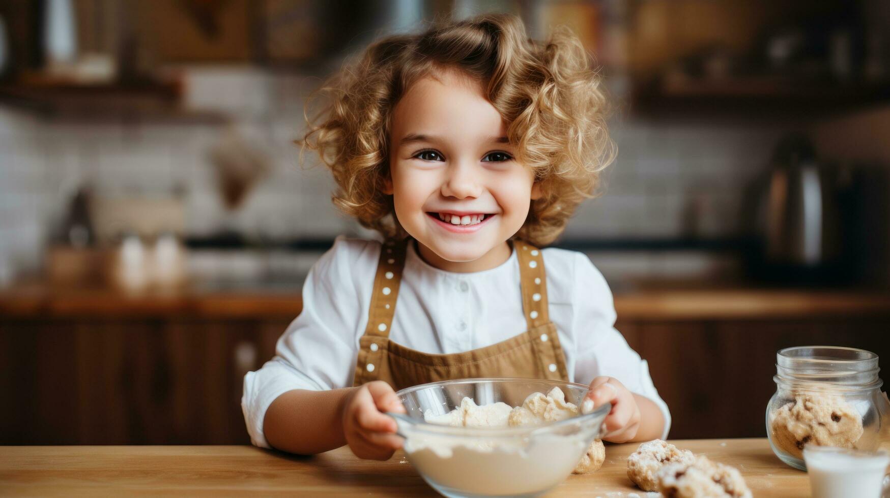 adorable niño emocionante Galleta masa con un de madera cuchara foto