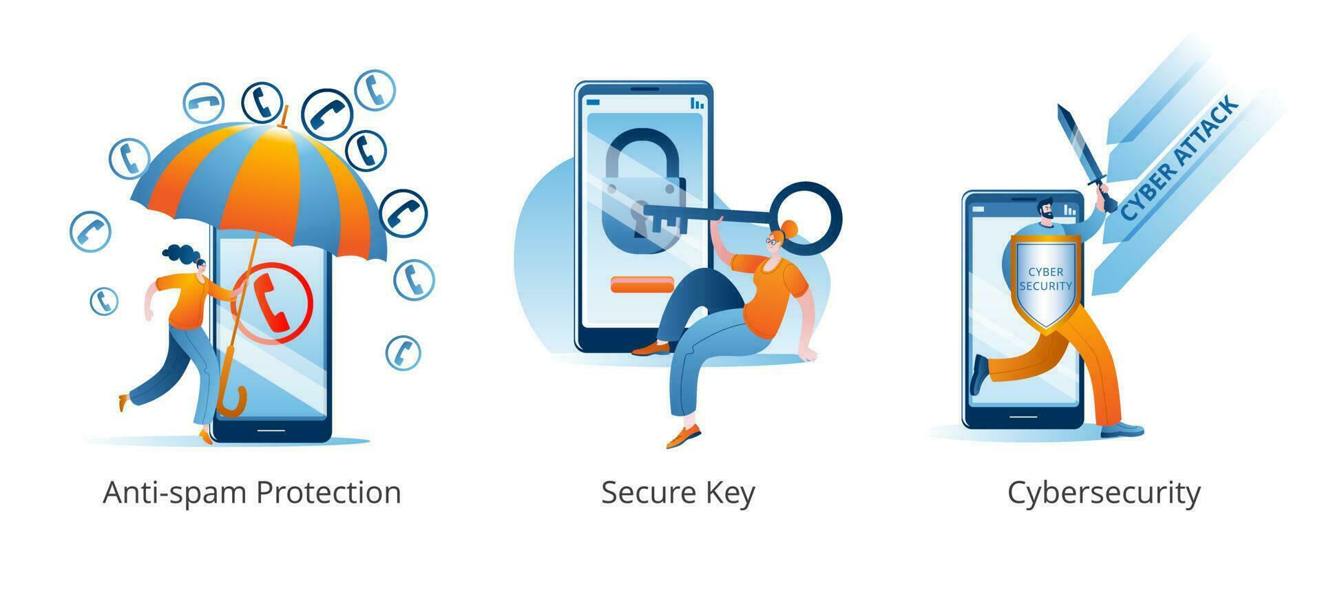 A set of vector illustrations on the topic of protecting your smartphone from cyber attacks, hacking and spam calls.