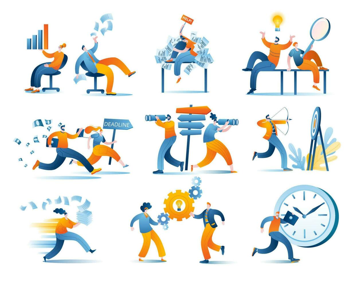 Business characters in various poses in the office. vector