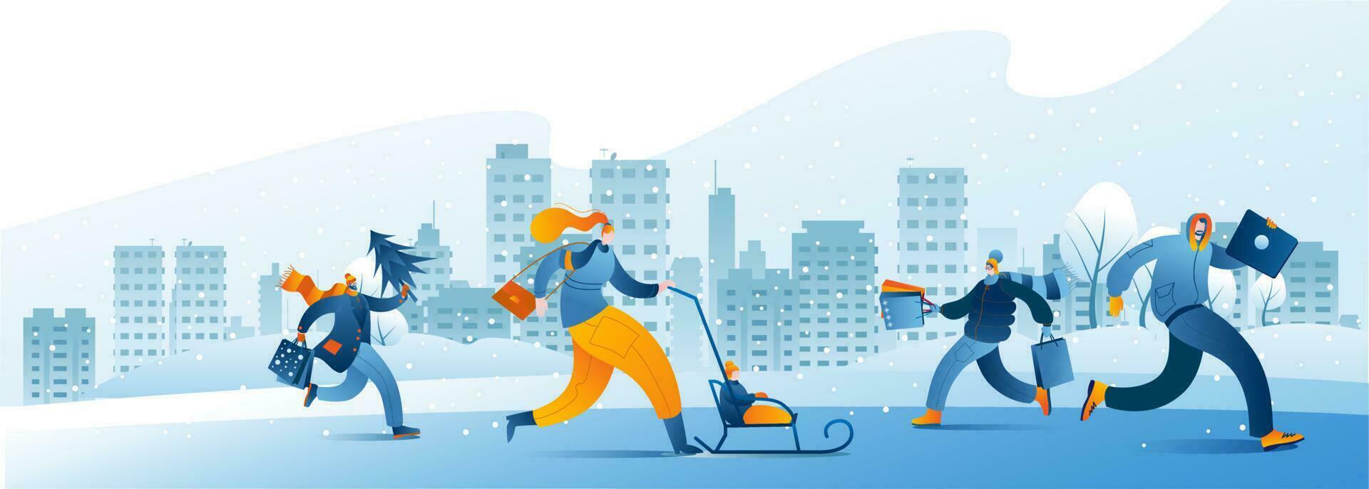 Characters in warm clothes walk against the background of a winter city. vector