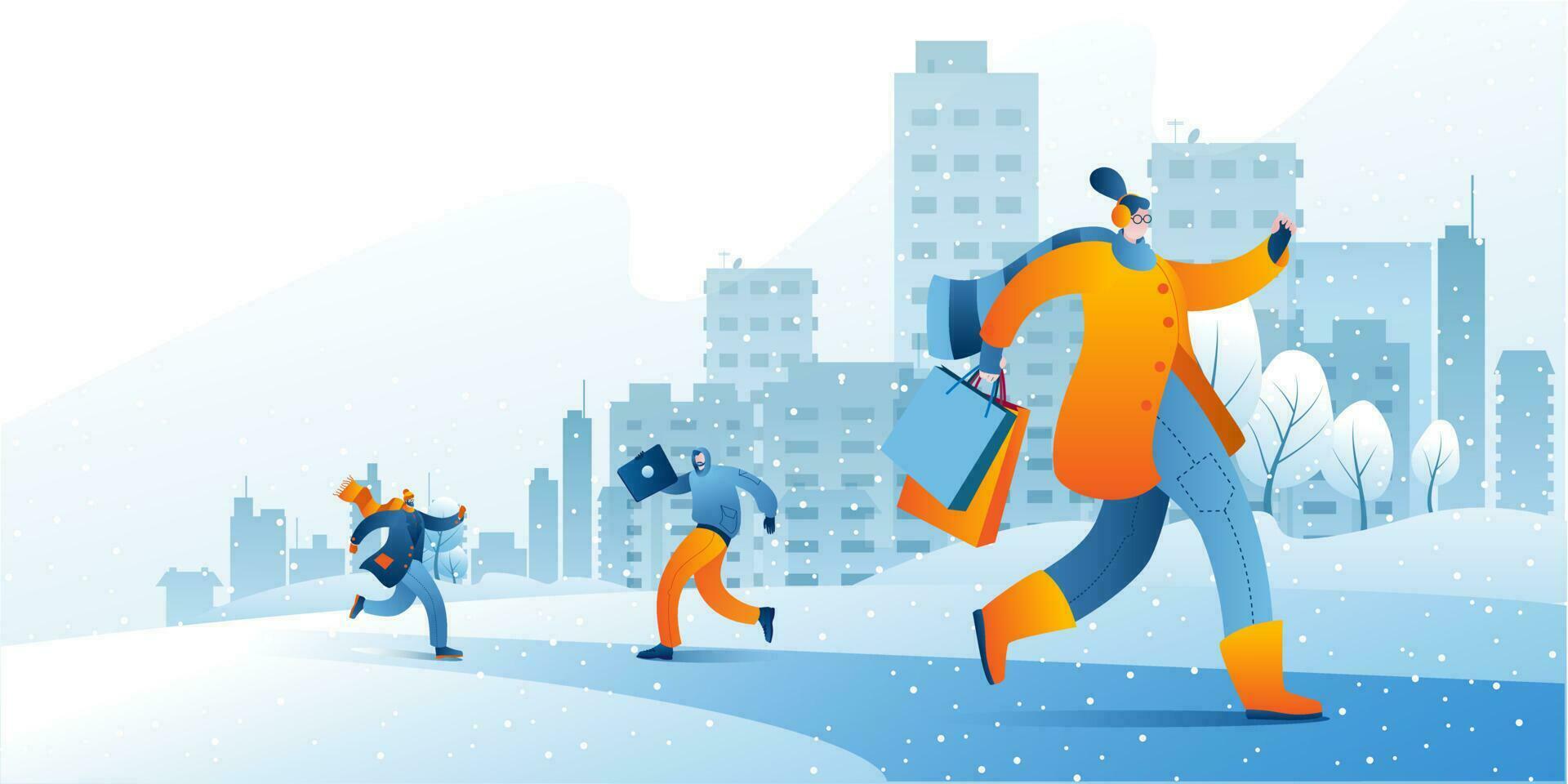 Characters in warm clothes walk against the background of a winter city. vector