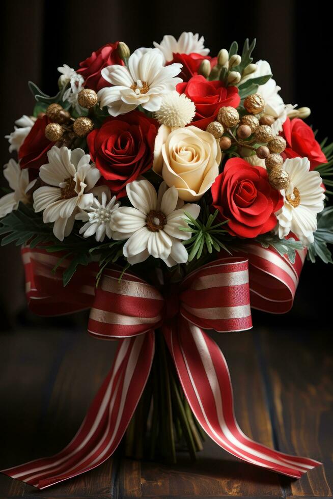 Festive bouquet of red and white flowers with a plaid ribbon photo