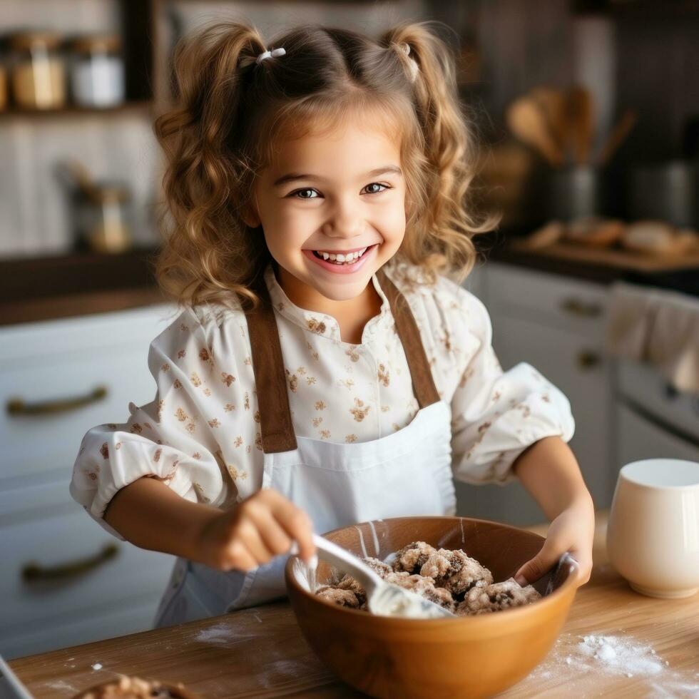 Adorable child stirring cookie dough with a wooden spoon photo