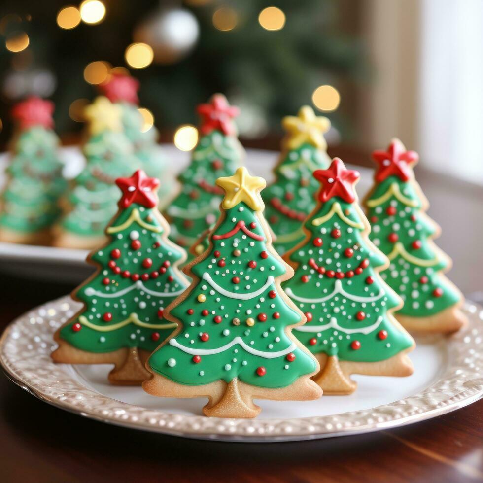 Colorful sugar cookies shaped like Christmas trees and reindeer photo