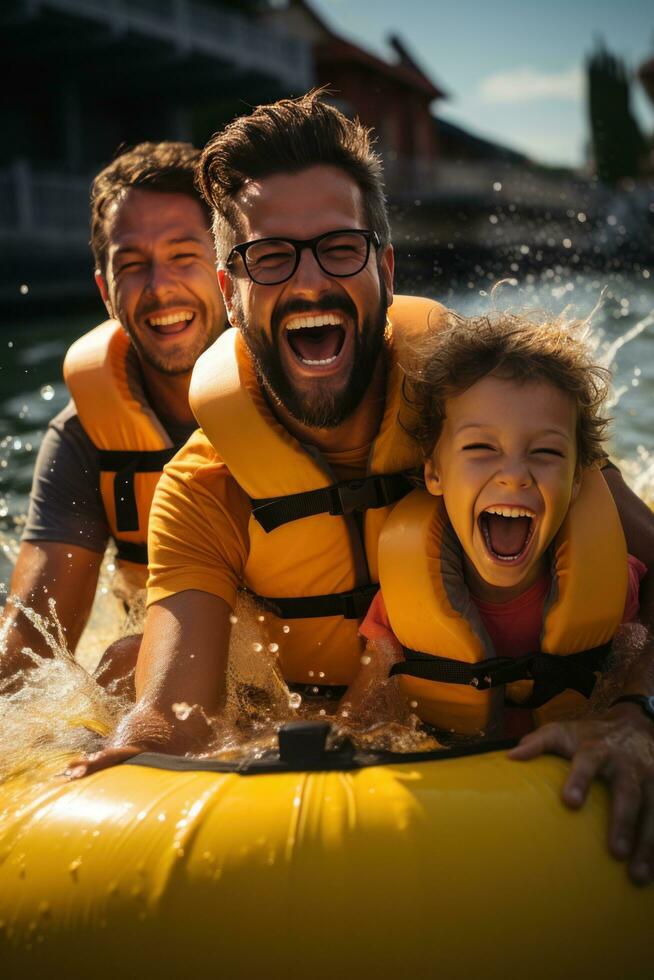 Laughing family having fun while riding on a banana boat photo