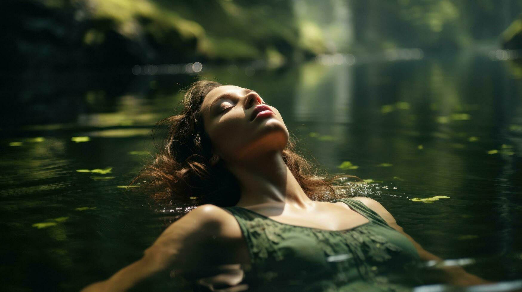 pacífico imagen de un mujer flotante en su espalda en un tranquilo lago foto