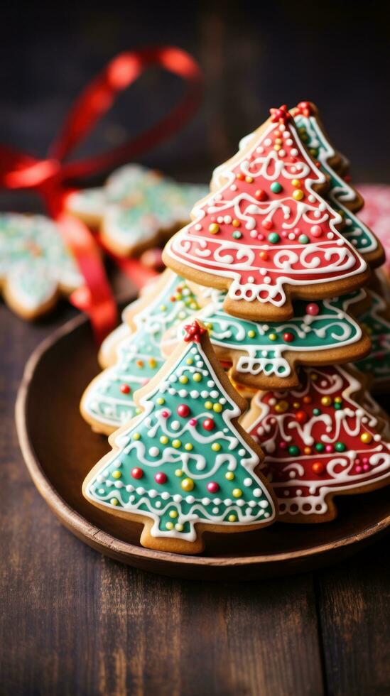 Colorful sugar cookies shaped like Christmas trees and reindeer photo