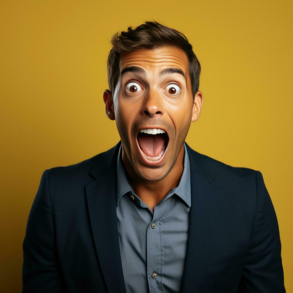 Excited and Surprised Young manager expresses his excitement and surprise by opening his eyes and mouth wide photo