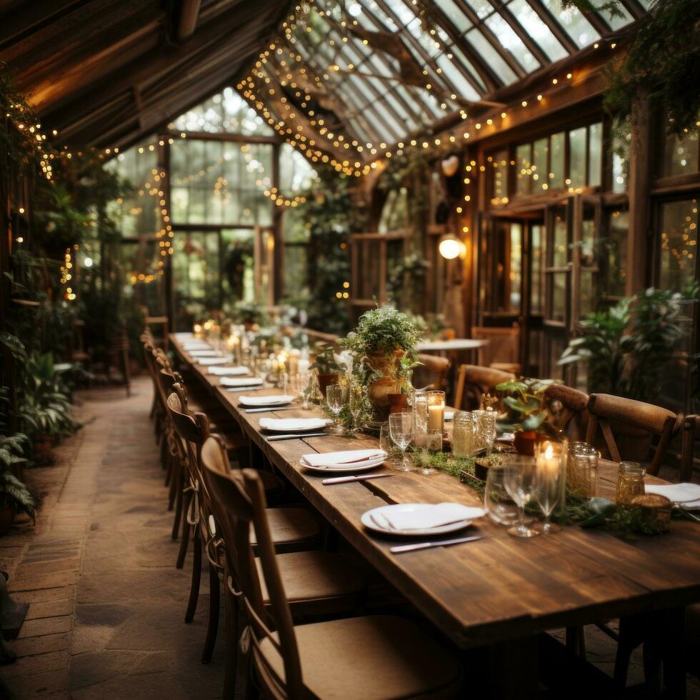 Rustic barn venue adorned with string lights and greenery photo