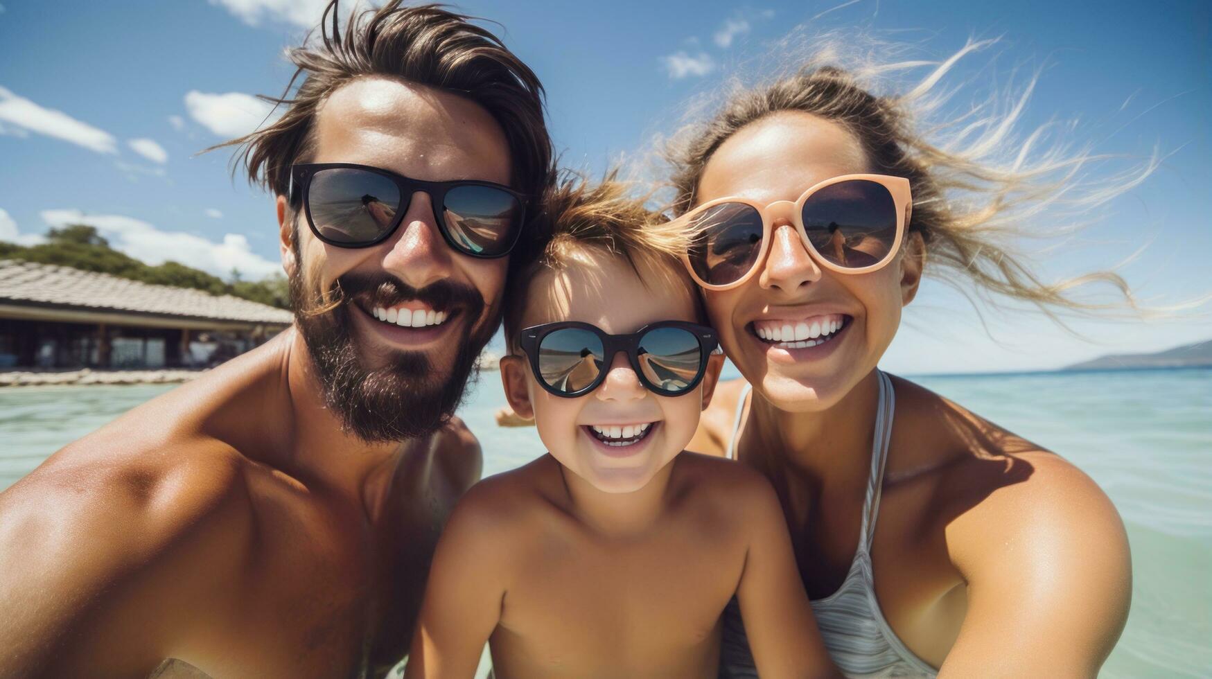 contento familia teniendo divertido en el piscina en un soleado día foto