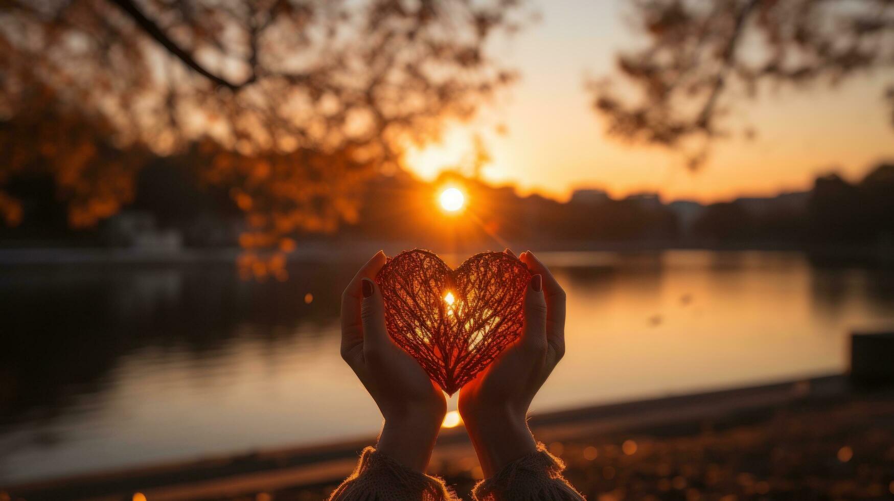 silueta de manos formando corazón forma con puesta de sol fondo foto