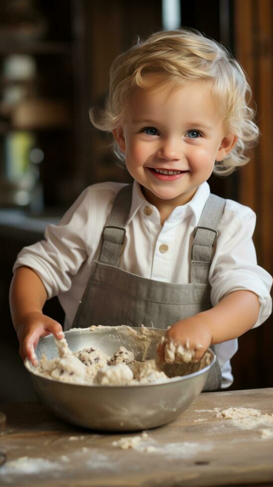 Adorable child stirring cookie dough with a wooden spoon photo