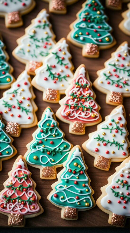 Colorful sugar cookies shaped like Christmas trees and reindeer photo