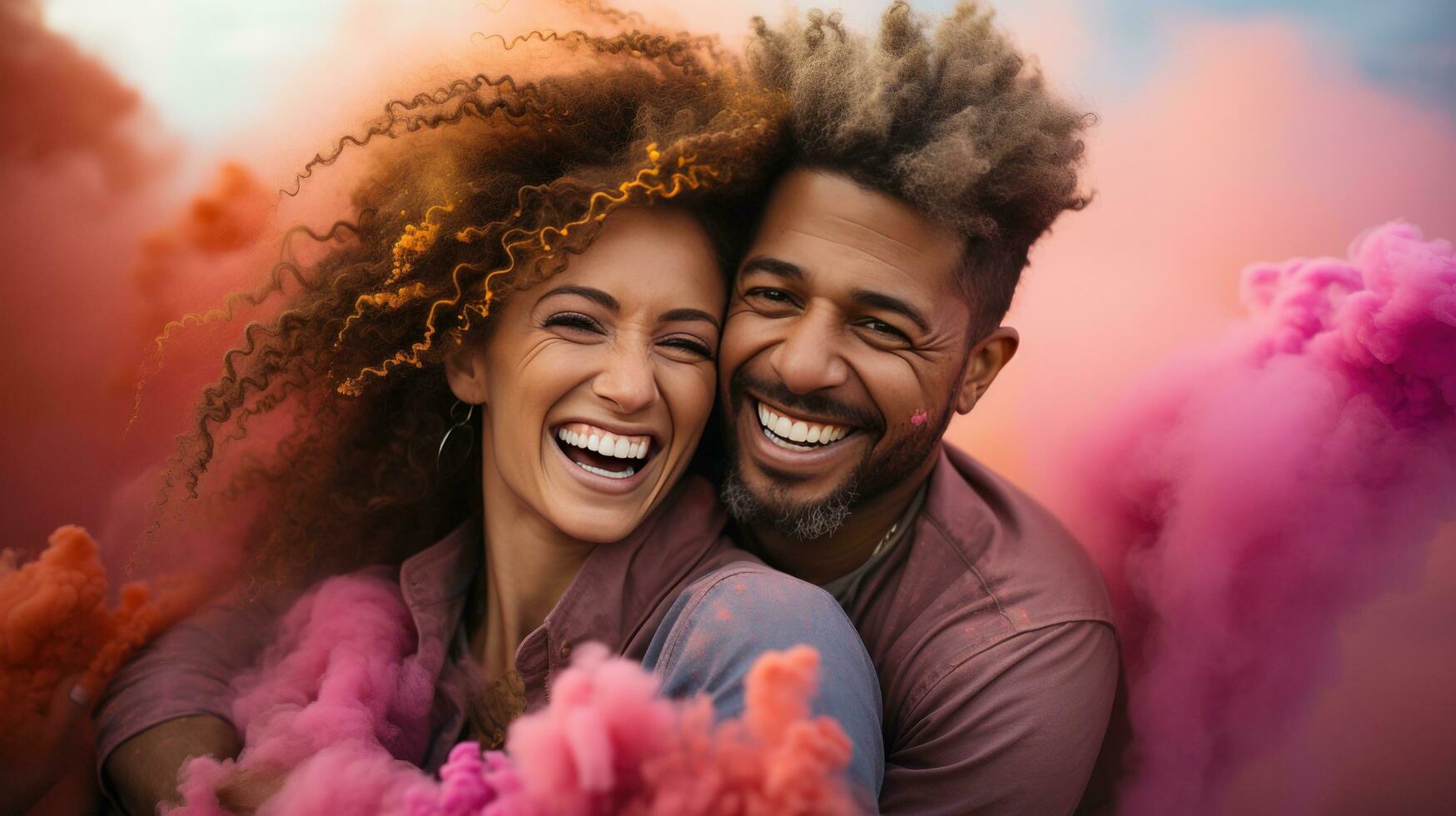 Fun and playful couple posing with colorful smoke bombs photo