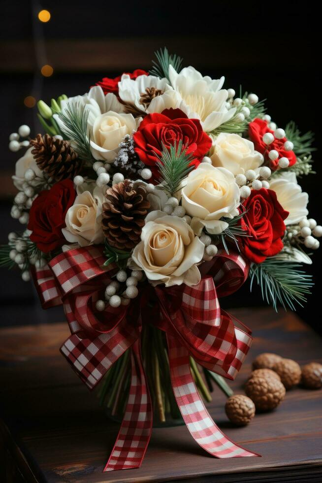 festivo ramo de flores de rojo y blanco flores con un tartán cinta foto