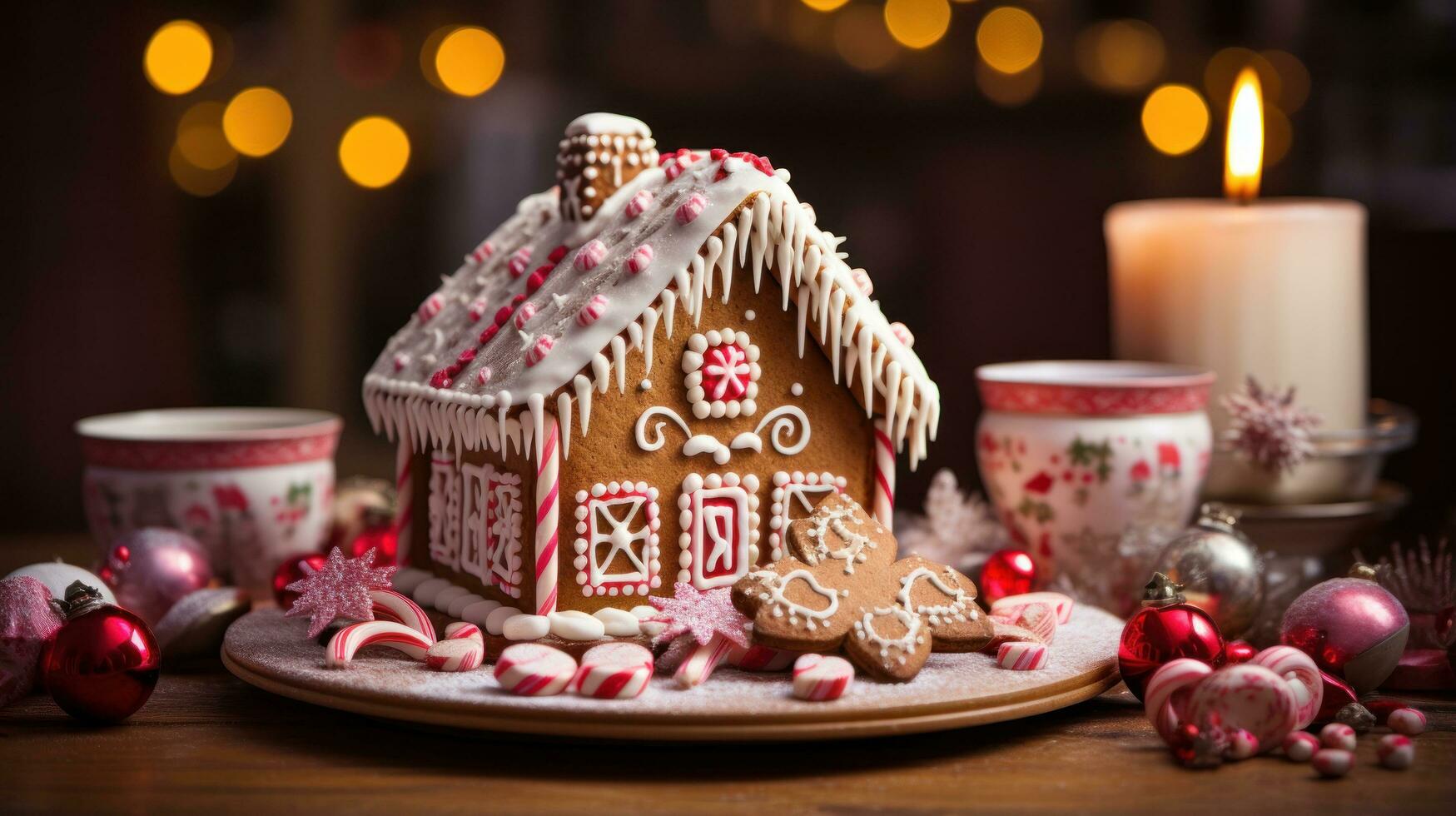 Festive gingerbread house with candy canes and icing decorations