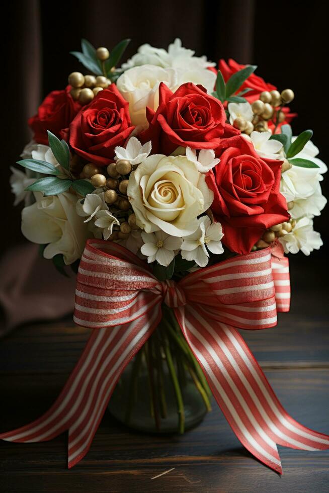 Festive bouquet of red and white flowers with a plaid ribbon photo