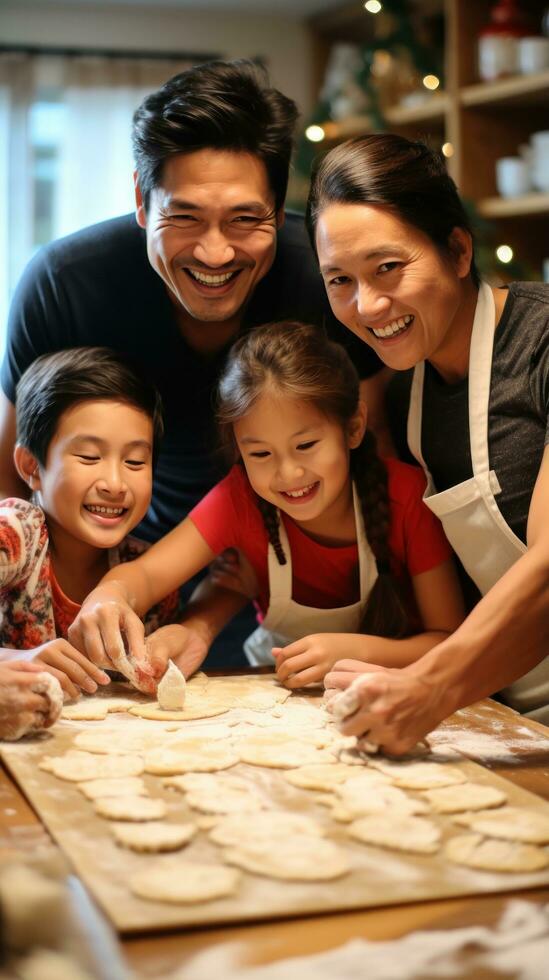 Family bonding over rolling out dough and using cookie cutters photo