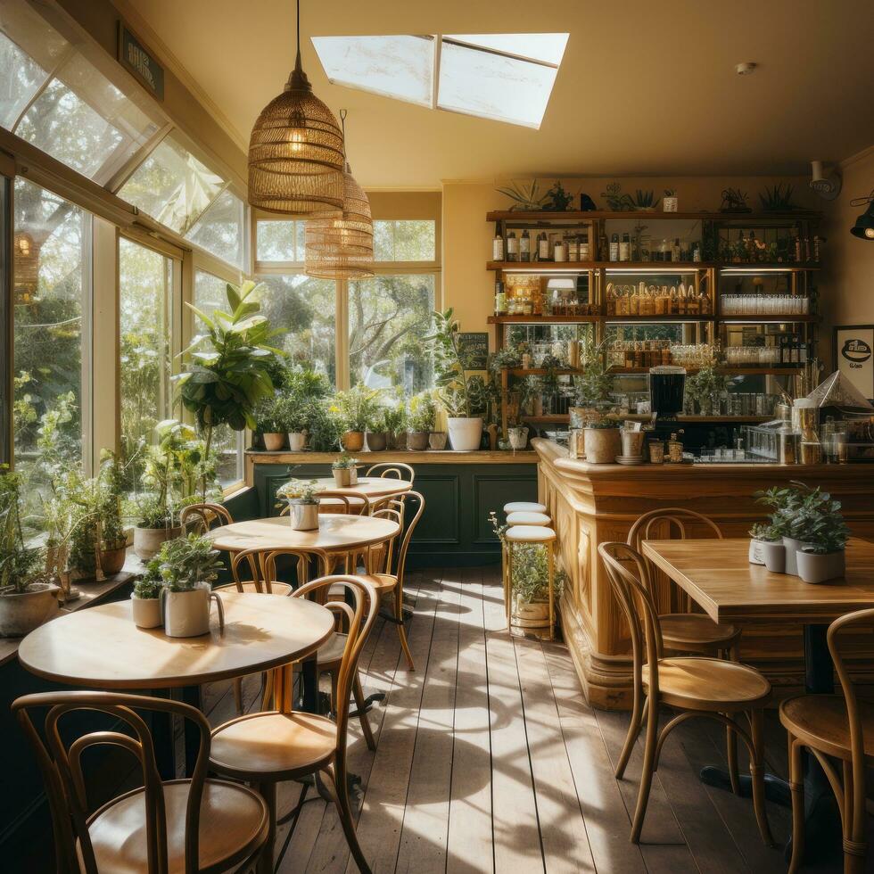 An Aesthetic Studio Coffee Shop Interior Featuring a Coffee Cup and Plant A coffee cup and plant on a table photo