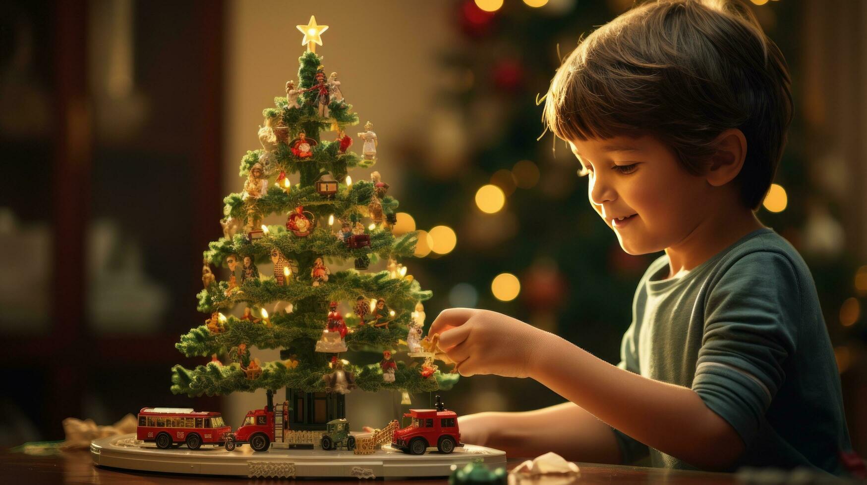 niño obras de teatro con juguete tren sentado ubder Navidad árbol foto