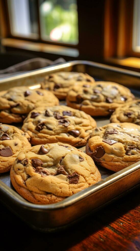 Delicious chocolate chip cookies fresh from the oven on a tray photo