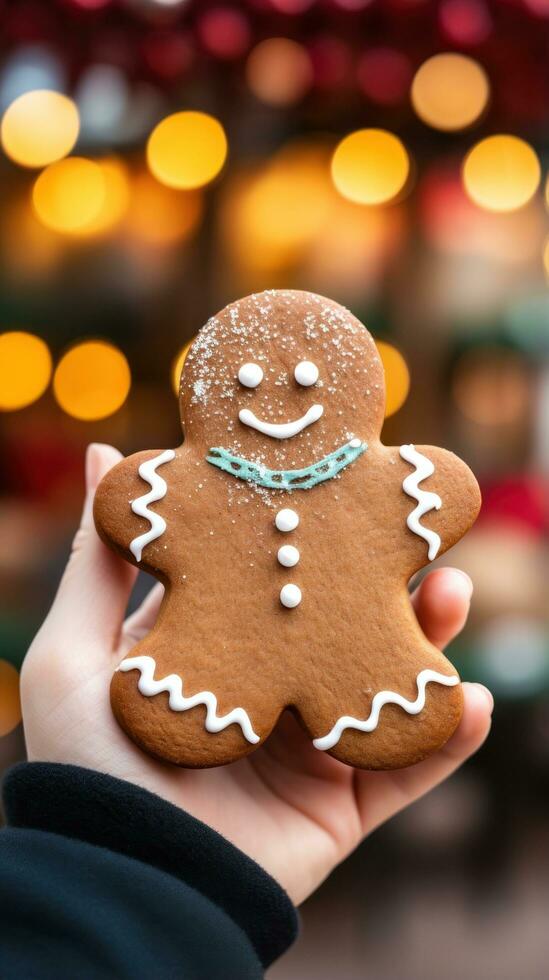 Child's hand holding a freshly baked gingerbread man cookie photo