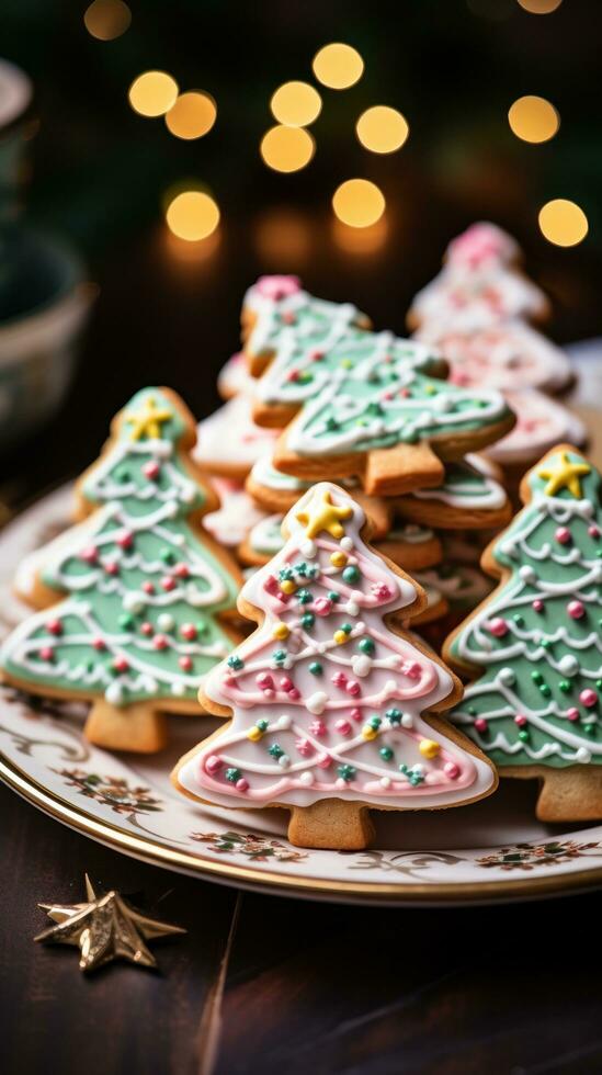 Colorful sugar cookies shaped like Christmas trees and reindeer photo