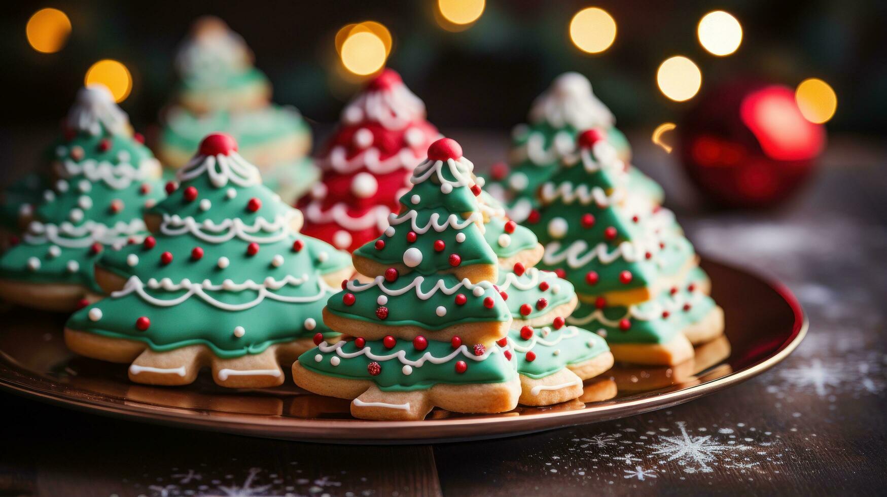 Colorful sugar cookies shaped like Christmas trees and reindeer photo