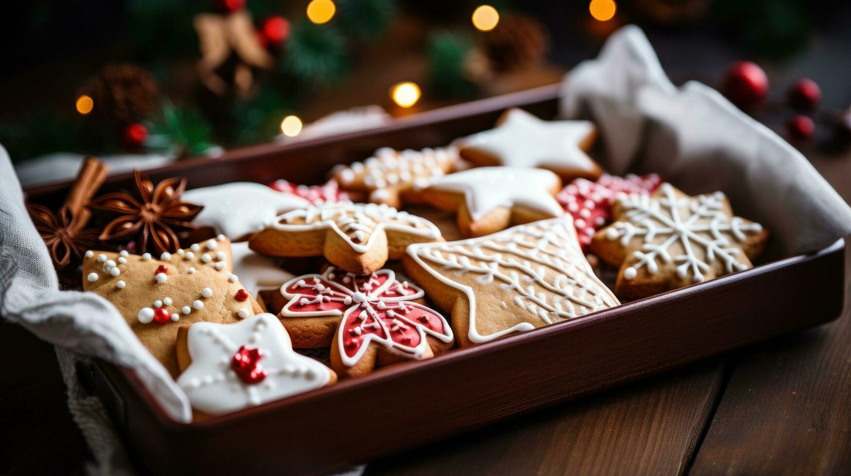 Close-up of a tray of beautifully decorated Christmas cookies photo