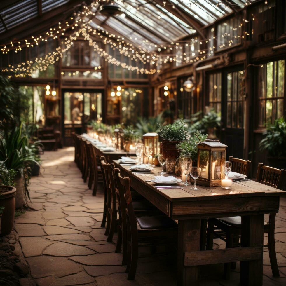 Rustic barn venue adorned with string lights and greenery photo