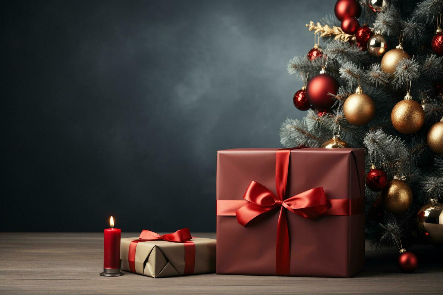 Ai Generative Background of christmas tree and red gift box on a christmas empty background with copy space photo