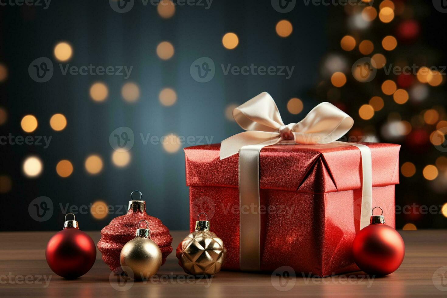 Ai Generative Background of christmas tree and red gift box on a christmas empty background with copy space photo