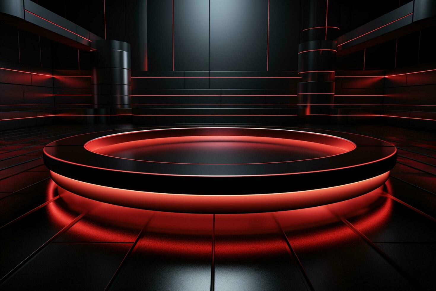 Ai Generated photo red light round podium and black background for mock up realistic image