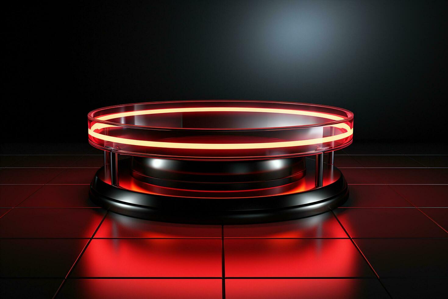 Ai Generated photo red light round podium and black background for mock up realistic image
