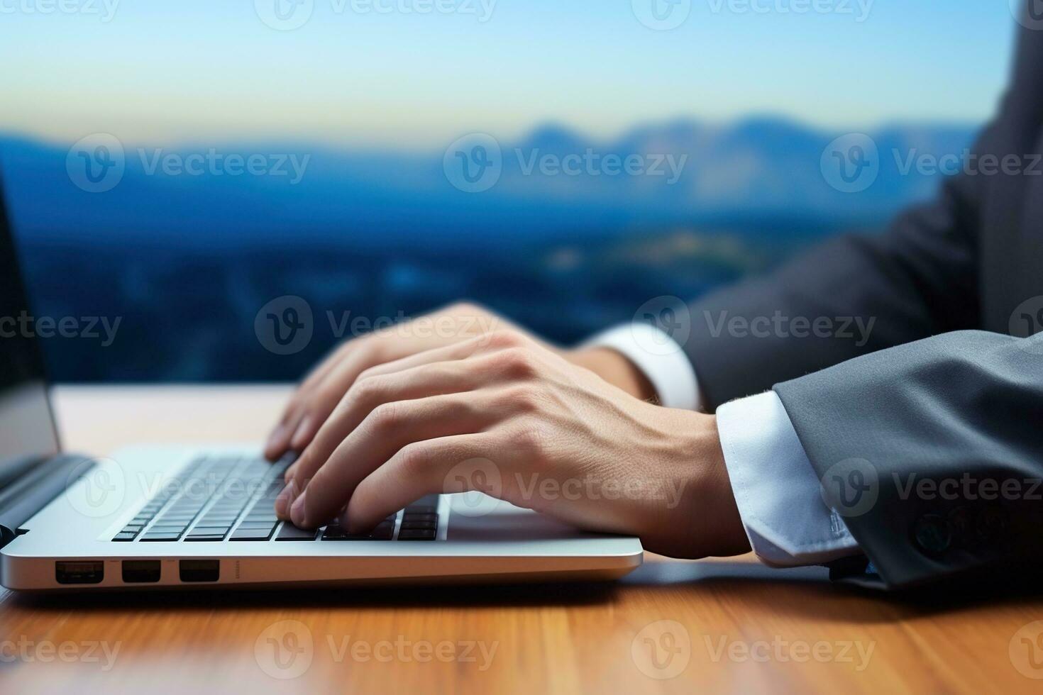 Male hands typing on the keyboard. Close-up. Computer work concept. Generated by artificial intelligence photo